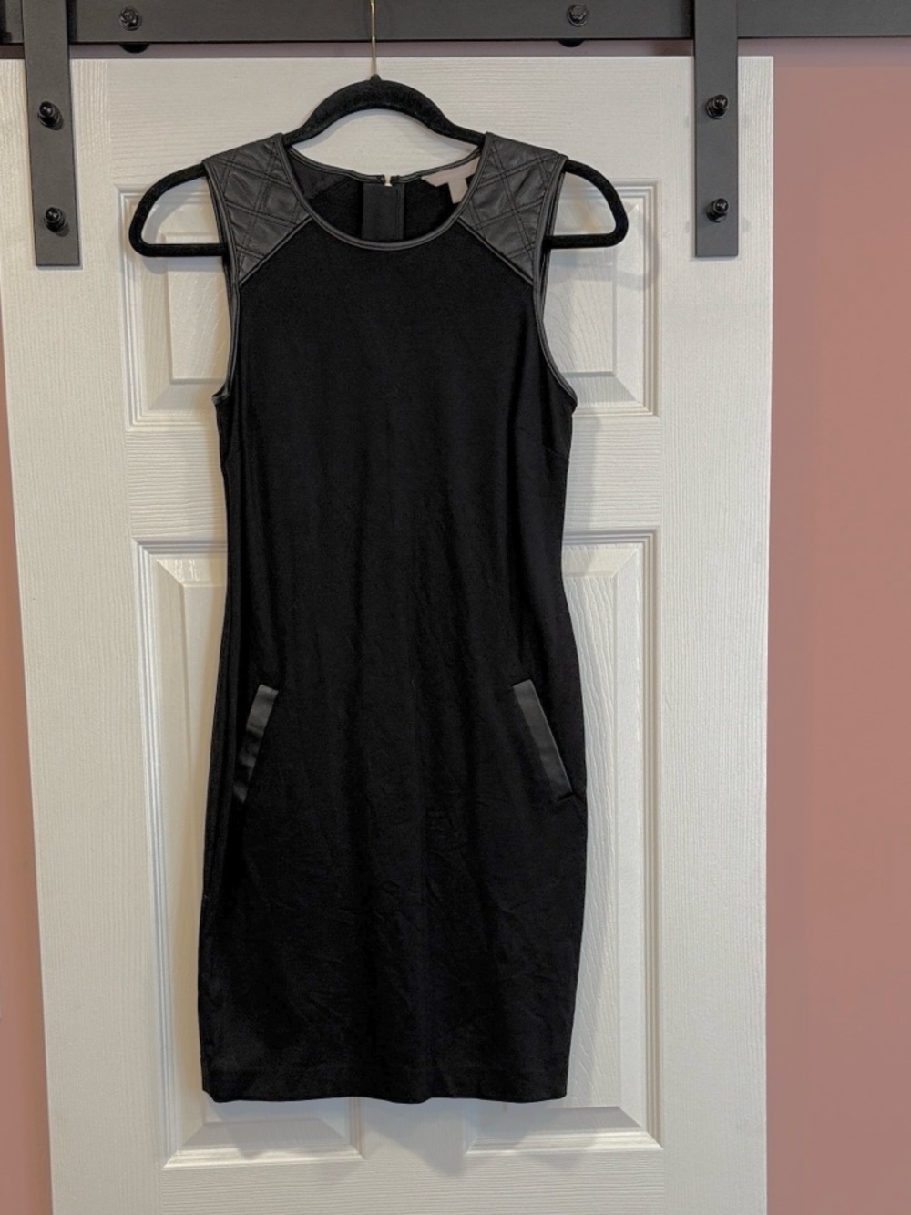 Banana Republic Black Quilted Leather Shoulder Knee Length Dress